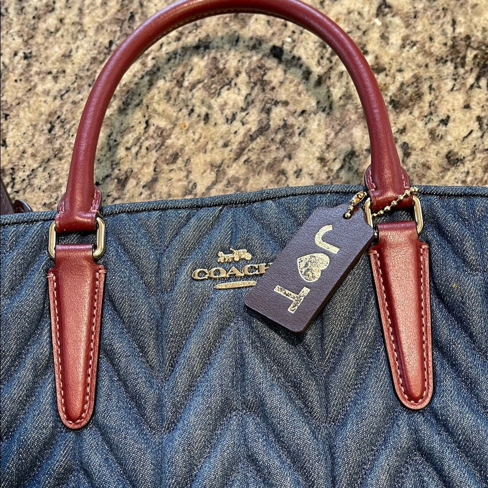 Coach Quilted Navy Denim Satchel with Burgundy Leather Trim - Picture 12 of 15